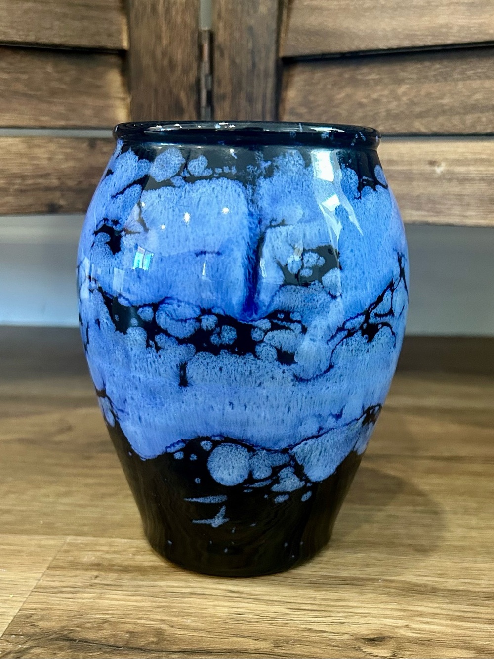 Ewenny Pottery Vase. 6” Tall Blue And Black Drip Glaze, Made In Wales